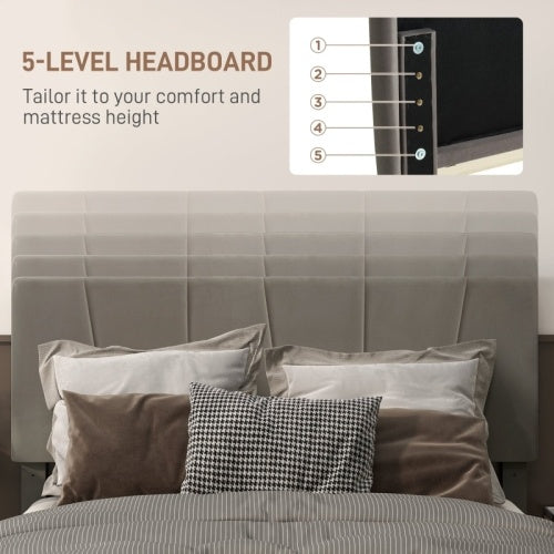 HOMCOM King Size Bed Frame, With Velvet-Feel Headboard - Grey