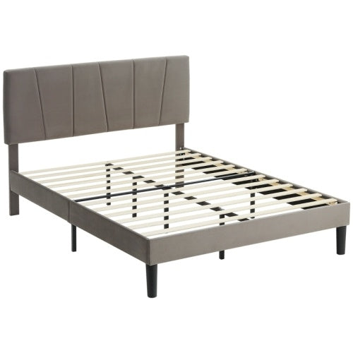 HOMCOM King Size Bed Frame, With Velvet-Feel Headboard - Grey