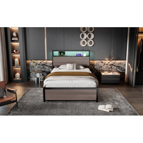 Metal Bed, 3FT Single Bed 90x190cm, With LED Light Strip And 4 Drawerss, 2 USB Port 1 Type C, Durable And Sturdy, Youth Bed, For Adults  Teenagers, Multifunctional Bed, Wrought Iron Bed, Grey