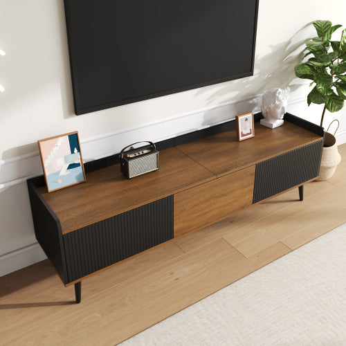TV Cabinet, TV Table, TV Stand, Three-Door Base Cabinet. Compact Design. Black And Natural Wood Finish. Height 49.5 Cm  Length 160 Cm  Width 39 Cm