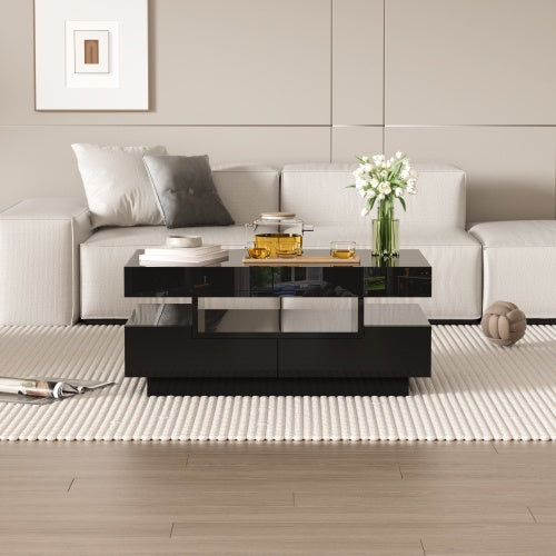 Coffee Table, High-Gloss Surface, With LED Light Strip, Four Drawers Front And Back, Large Storage Space