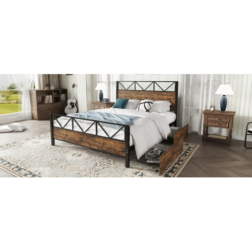 Metal Bed, 4ft6 Double Bed 135x190cm, With 2 Drawerss, Durable And Sturdy, Youth Bed, Storage Bed For Adults  Teenagers, Multifunctional Bed, Iron Bed, Black Wood Color