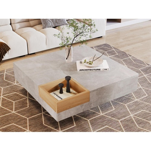 Coffee Table, Living Room Table, Side Table With Removable Storage Box, Concrete Gray And Wood Color, 72x72x30 Cm