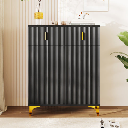 Elegant Sideboard Shoe Cabinet With Structural Panels, Adjustable Shelves And Gold-plated Decorations, With Drawers