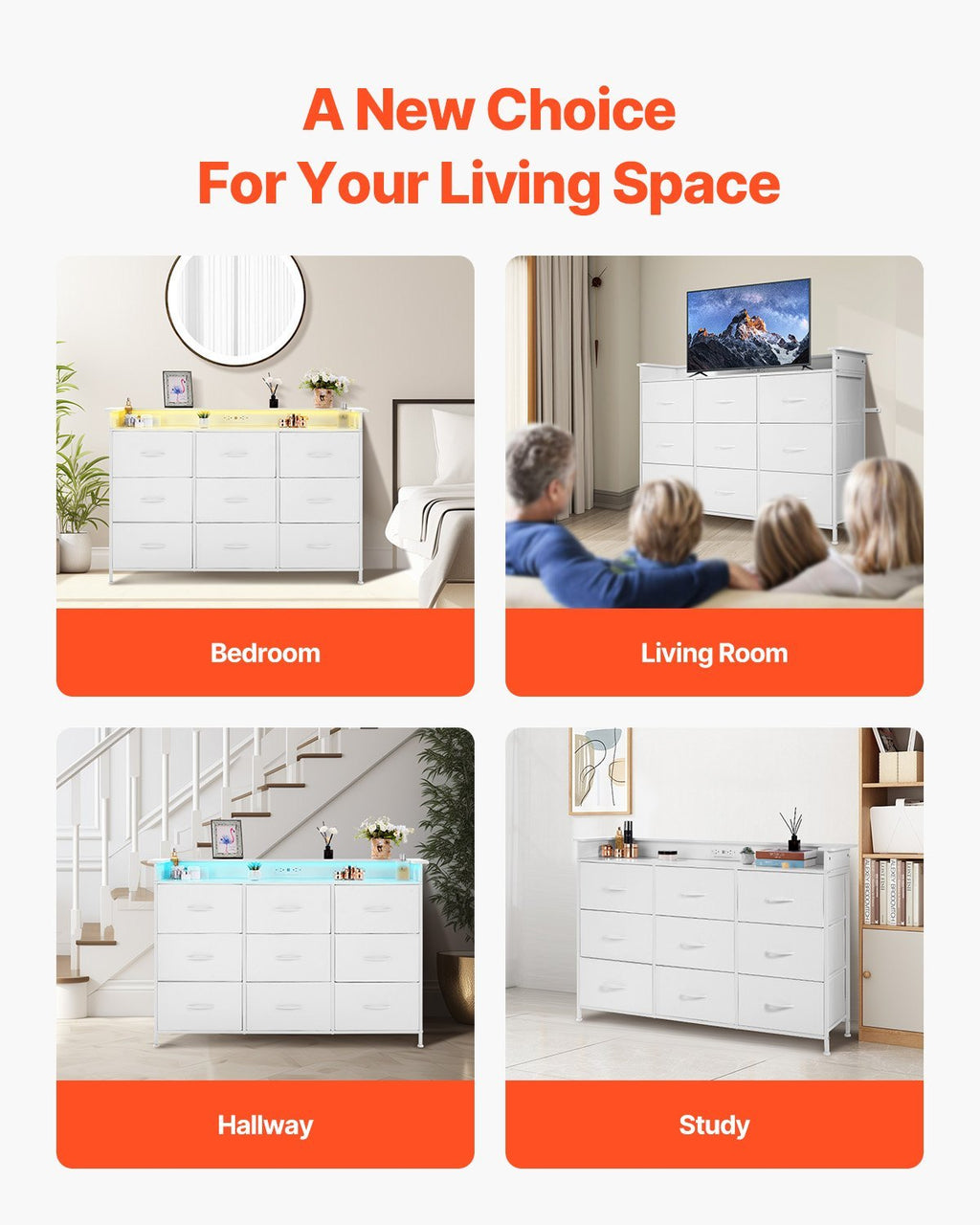 9 Drawer Dresser, Tall Drawer Dresser With Fabric Bin, Closet Storage Drawers With Sturdy Metal Frame, LED Lights & Built-in Outlet, Fabric Storage Tower For Bedroom, Hallway, Closet, White