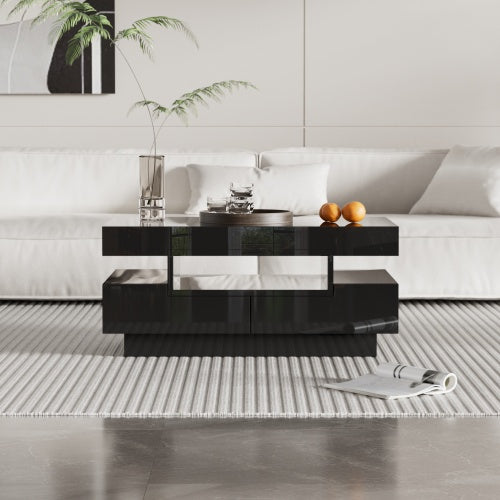 Coffee Table, High-Gloss Surface, With LED Light Strip, Four Drawers Front And Back, Large Storage Space