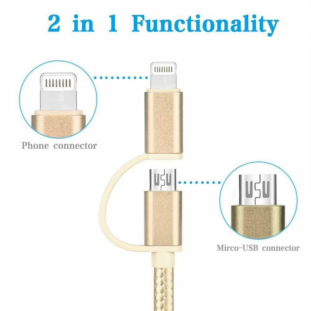 FX Powabud Nylon Braided USB Cable with 2 in 1 Dual Lightning Connector Cord[Gold]