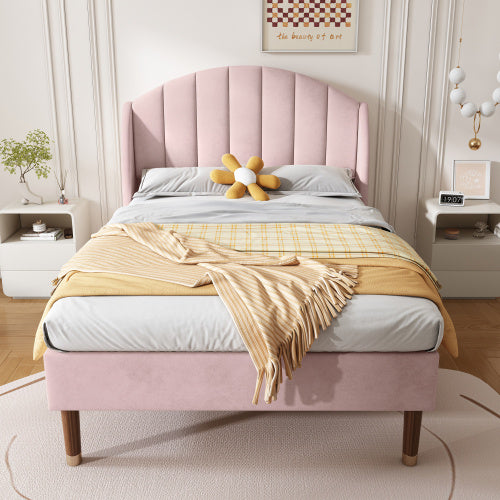 Upholstered Bed,Single Bed-3ft 90x190cm ,with Slatted Frame And Headboard, Youth Bed, Wooden Slatted Support, Easy Assembly, Velvet, Pink