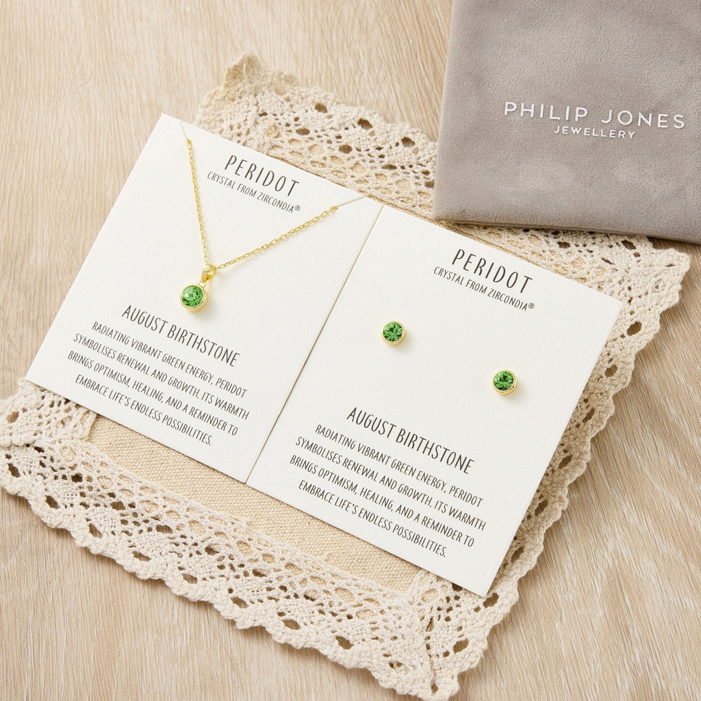 Gold Plated August (Peridot) Birthstone Necklace & Earrings Set Created with Zircondia® Crystals
