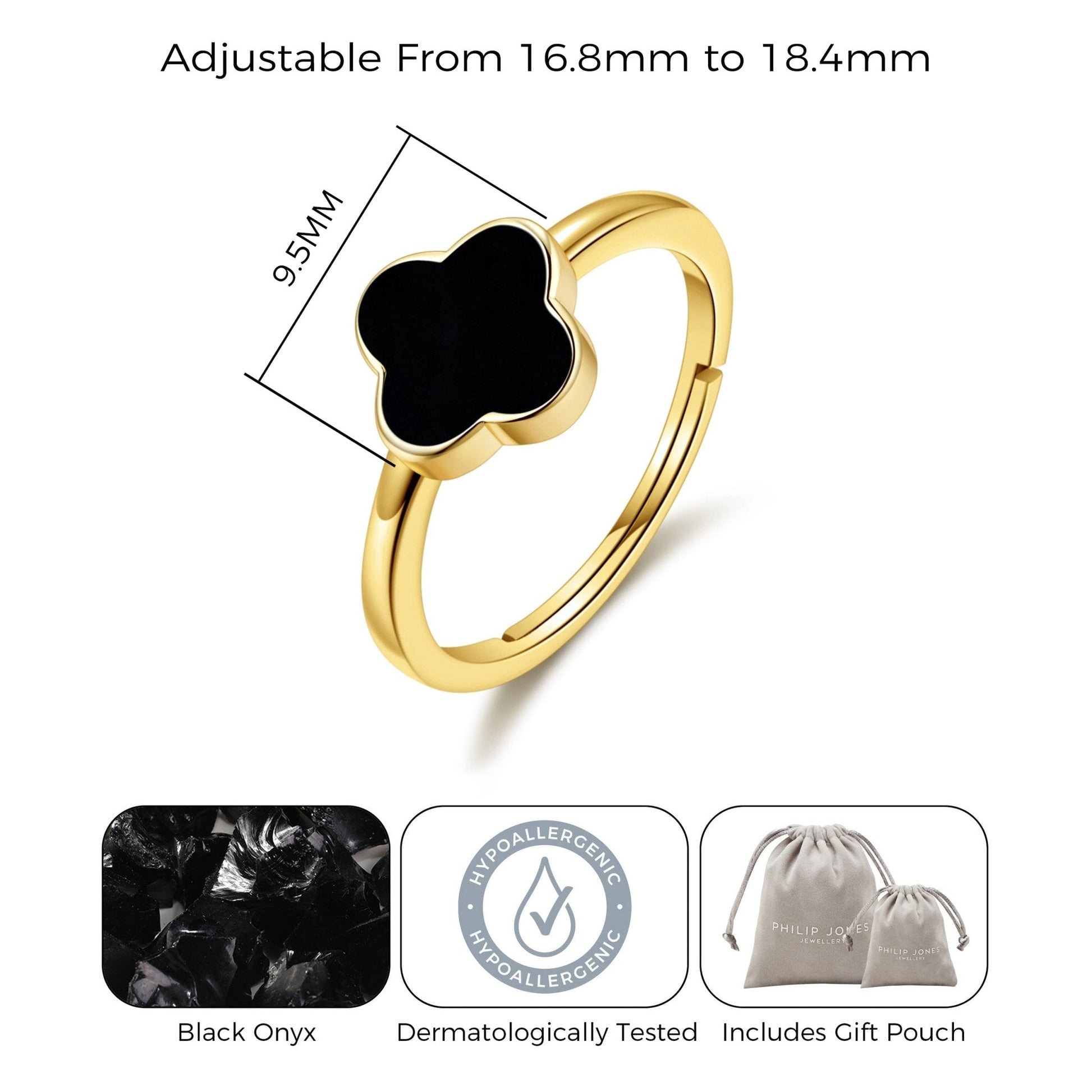 Gold Plated Black Onyx Gemstone Adjustable Clover Ring