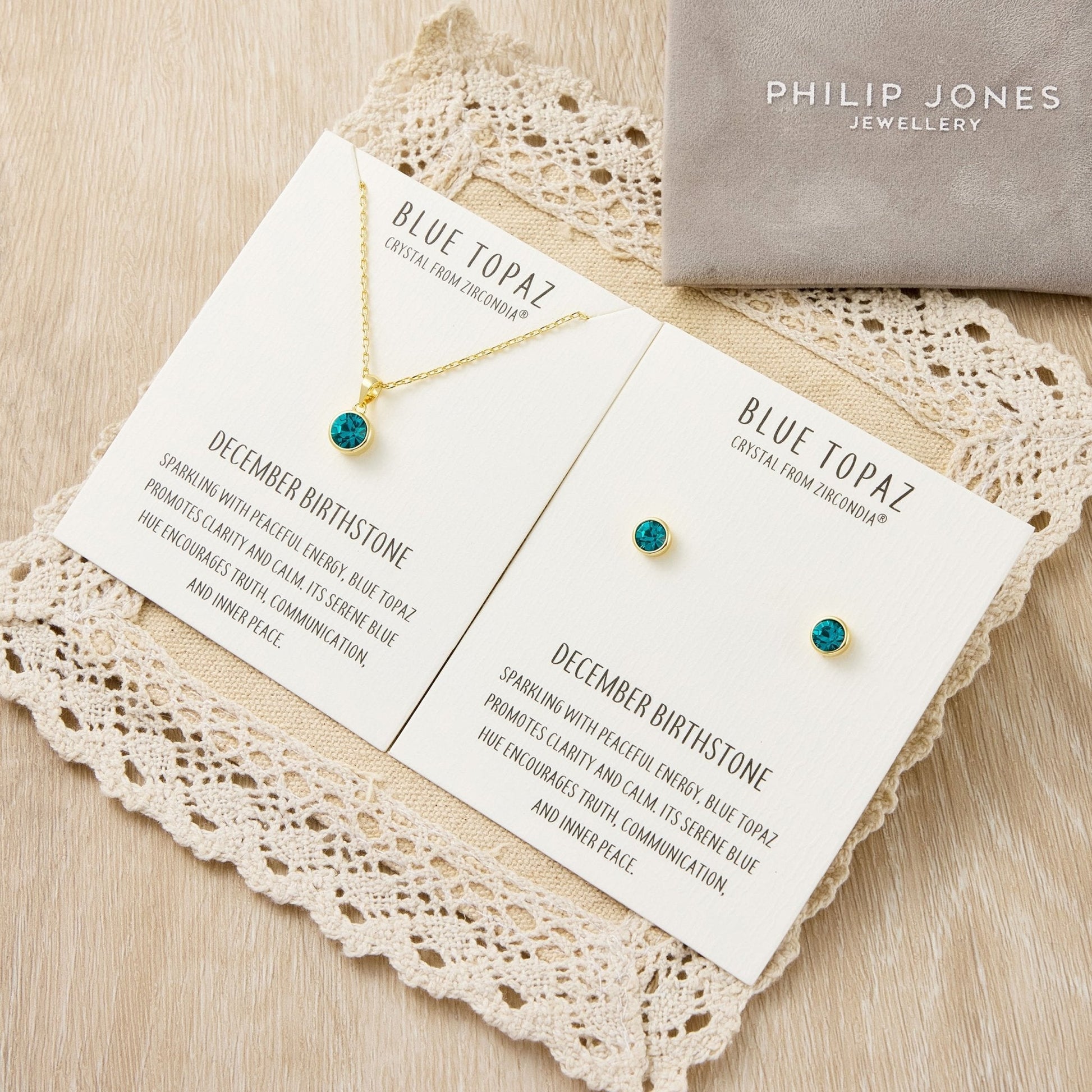 Gold Plated December (Blue Topaz) Birthstone Necklace & Earrings Set Created with Zircondia® Crystals