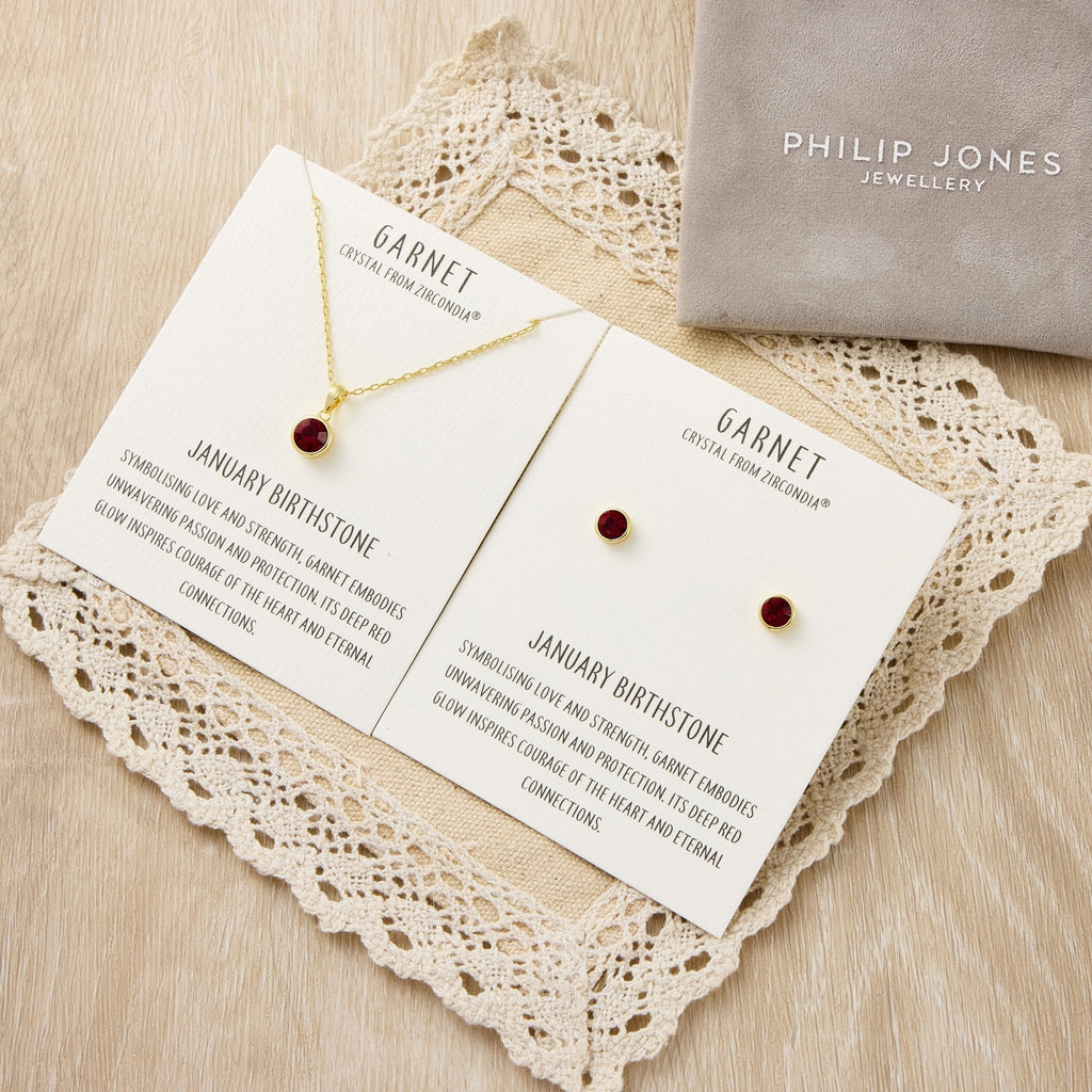 Gold Plated January (Garnet) Birthstone Necklace & Earrings Set Created with Zircondia® Crystals