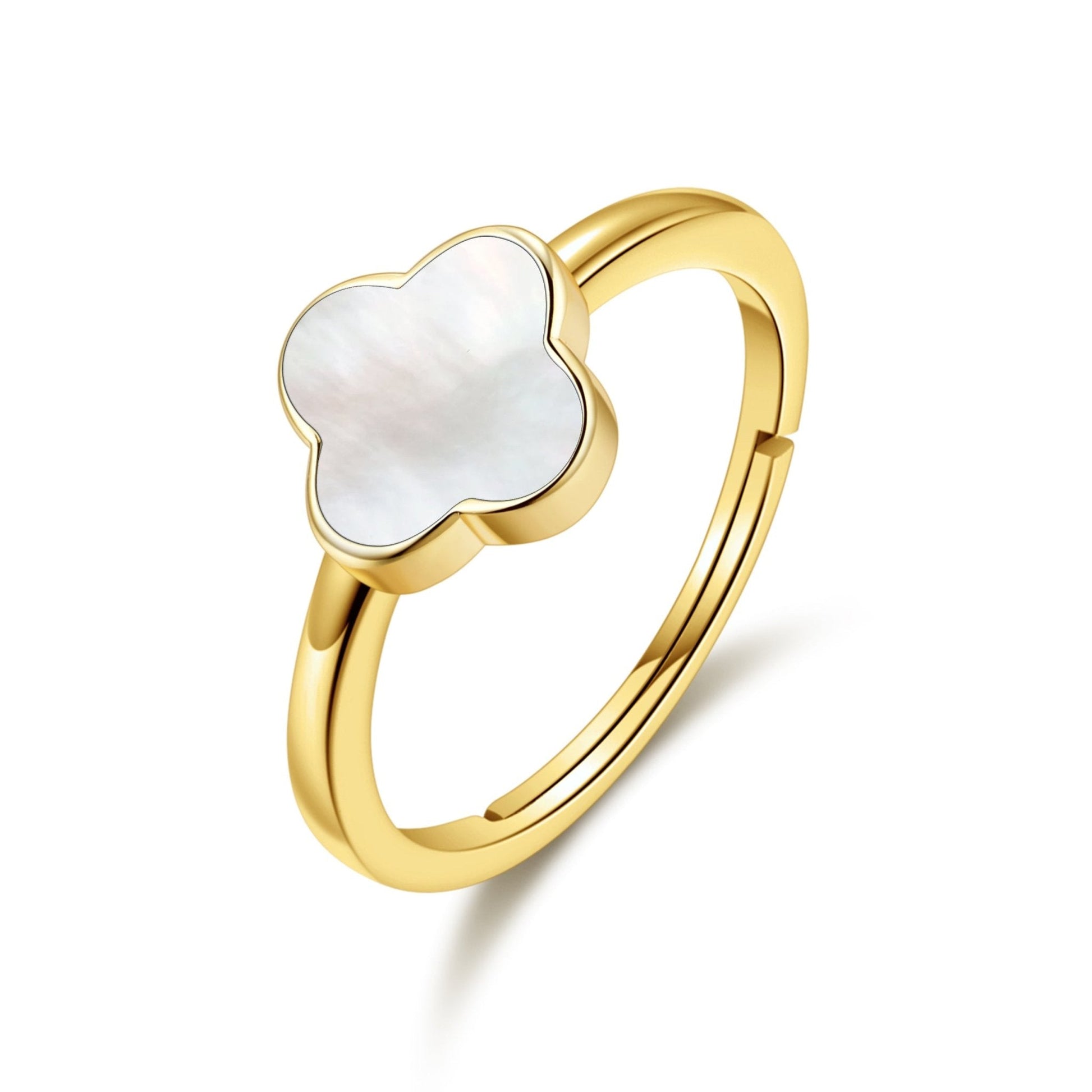 Gold Plated Mother of Pearl Gemstone Adjustable Clover Ring