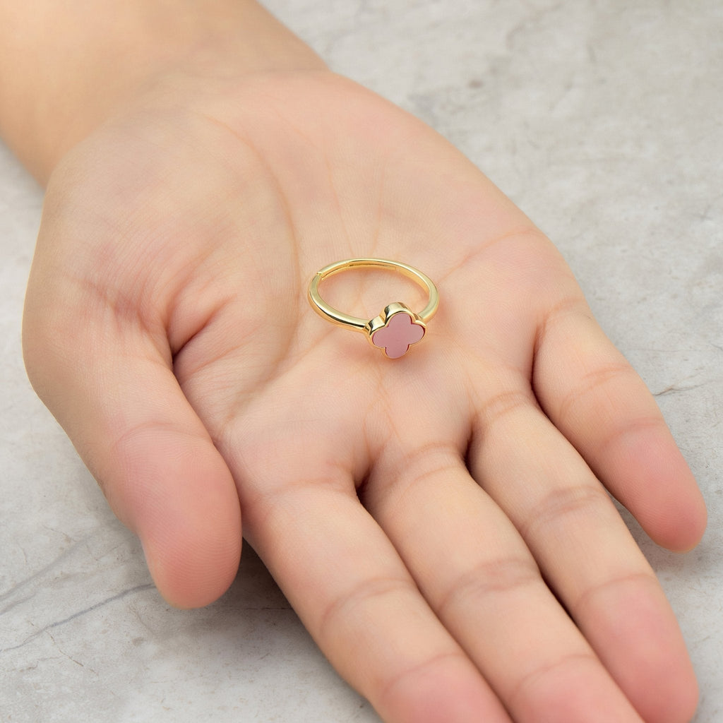 Gold Plated Pink Mother of Pearl Gemstone Adjustable Clover Ring