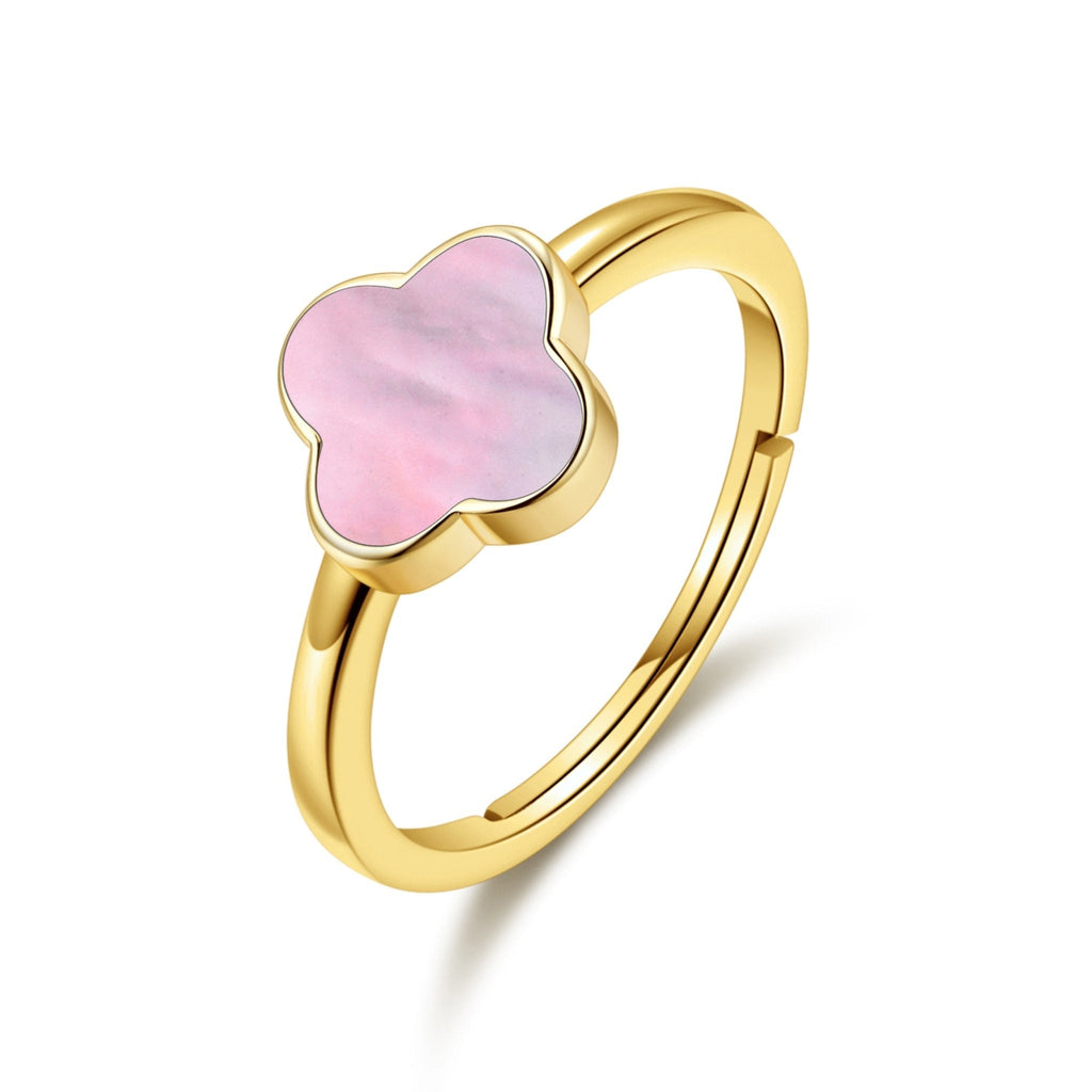 Gold Plated Pink Mother of Pearl Gemstone Adjustable Clover Ring