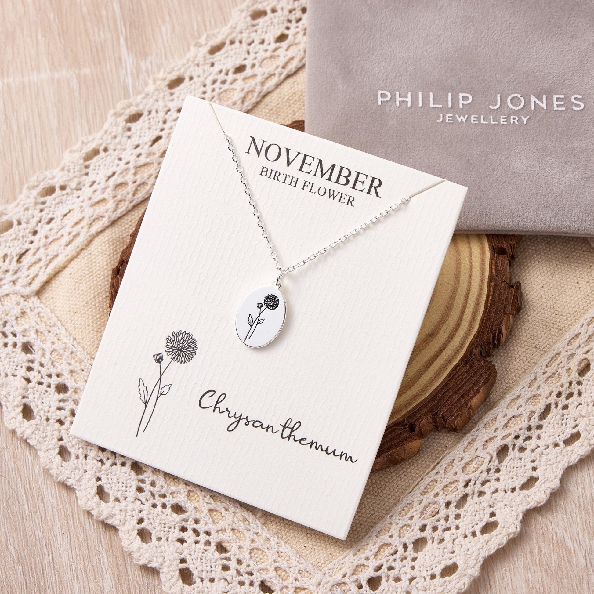 November Birth Flower Chrysanthemum Necklace with Card
