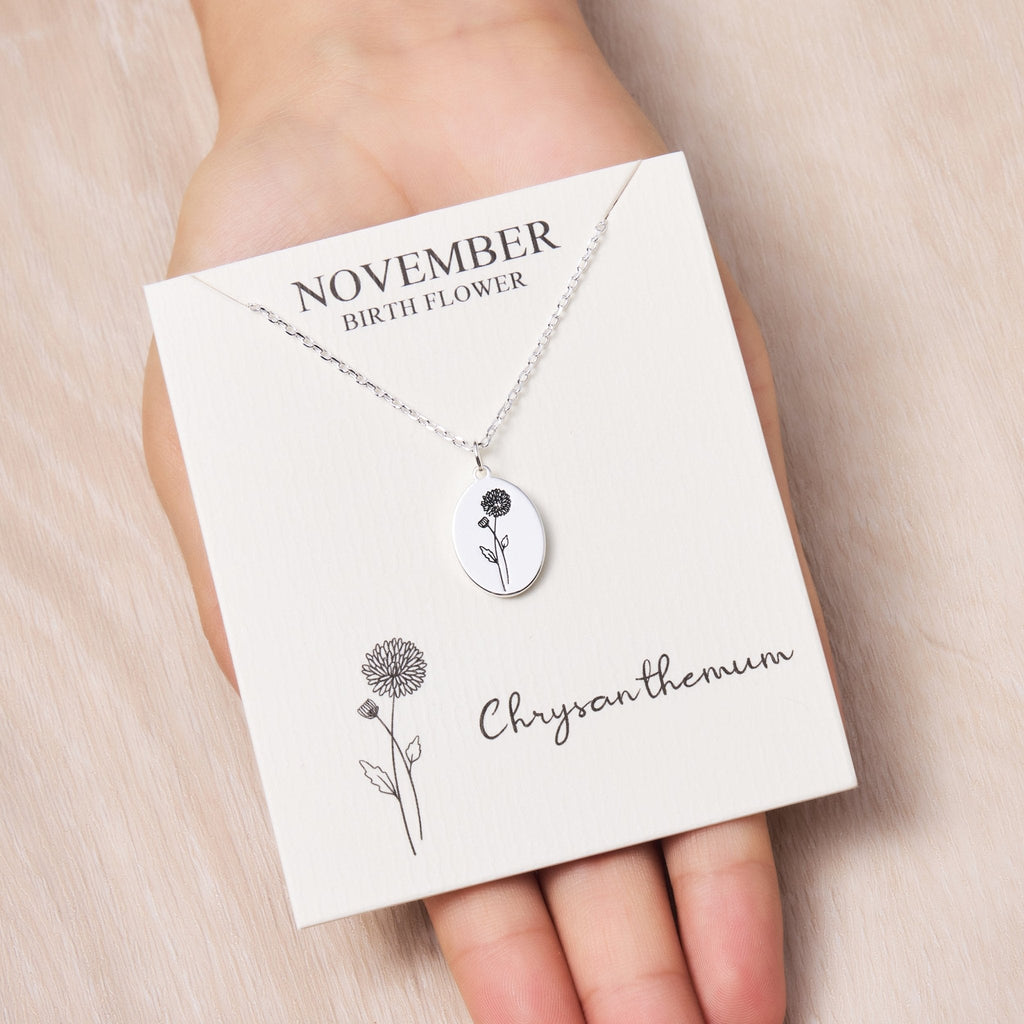 November Birth Flower Chrysanthemum Necklace with Card