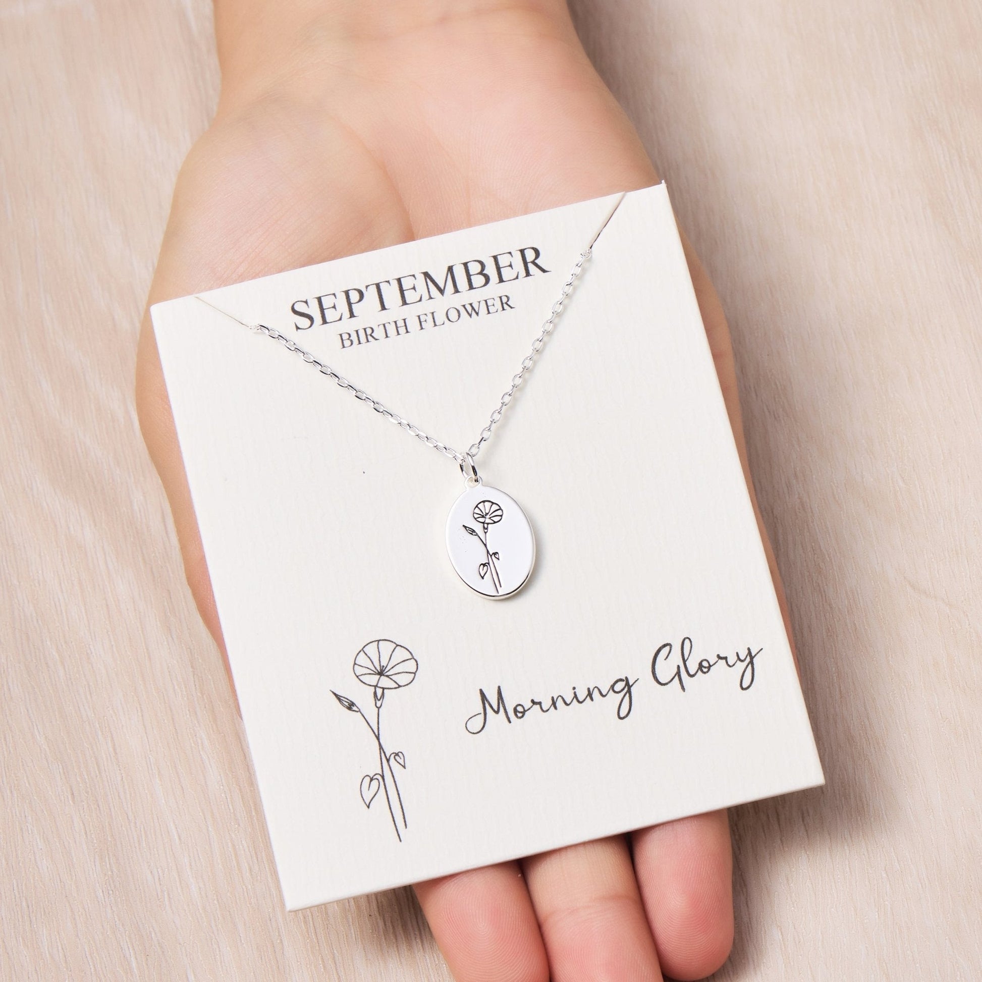 September Birth Flower Morning Glory Necklace with Card